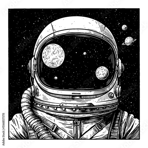 Astronaut Helmet with Space Reflection and Planets Black and White Outline Line Art Drawing Vintage Style