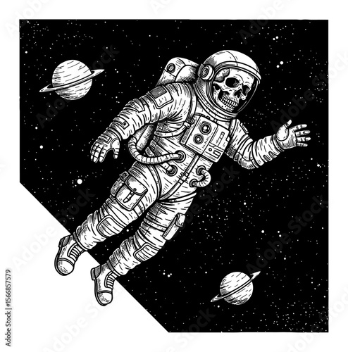Skull Inside Astronaut Suit Floating in Deep Outer Space with Planets Black and White Outline Line Art Drawing
