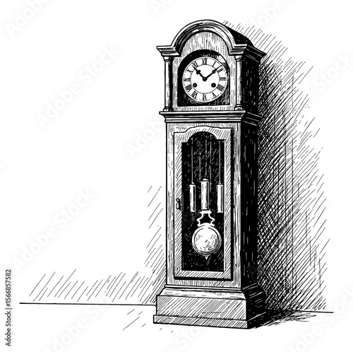 Hand Drawn Antique Grandfather Clock Vintage Black and White Outline Line Art Drawing Object