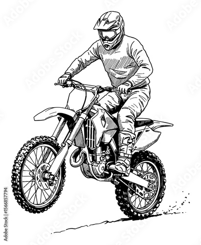 Extreme Motocross Rider Performing Dynamic Trick on Dirt Bike Black and White Outline Line Art Drawing