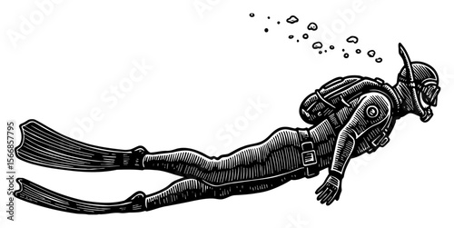 Man Freediving in Full Diving Suit Underwater with Bubbles and Fins Black and White Outline Line Art Drawing