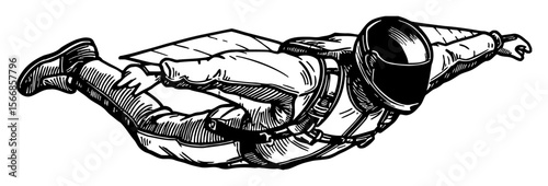 Man Wingsuit Flying High Speed Extreme Sport Adventure Black and White Outline Line Art Drawing