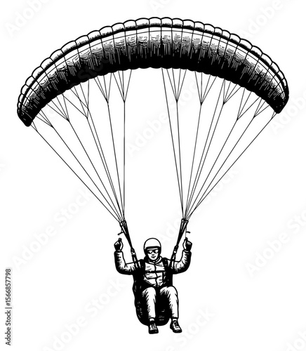 Man Paragliding Black and White Outline Line Art Drawing Sport Hobby Adventure Sky Flying Active