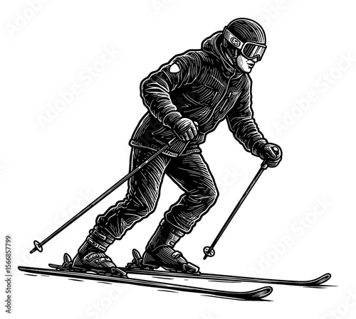 Man Skiing Downhill Wearing Jacket Goggles Helmet and Holding Poles Black and White Outline Line Art Drawing