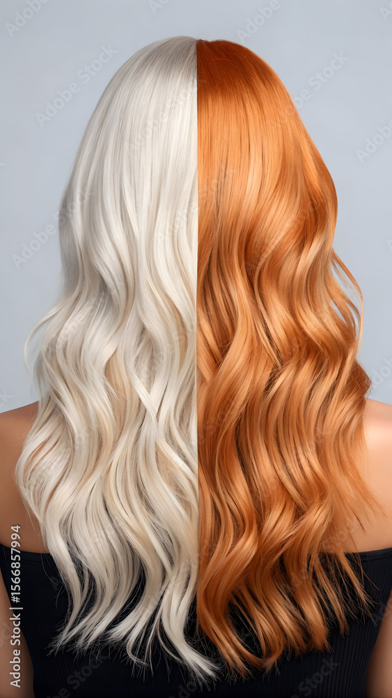 Naklejka premium Two-tone wavy hair with copper and blonde split dye