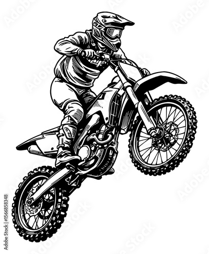 Motocross Rider Performing Trick with Bike Black and White Outline Line Art Drawing Vintage Engraving