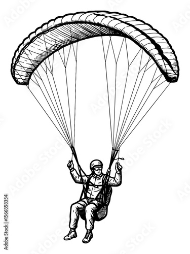 Fearless Man Paragliding Adventure Sport High Up in the Sky Black and White Outline Line Art Drawing