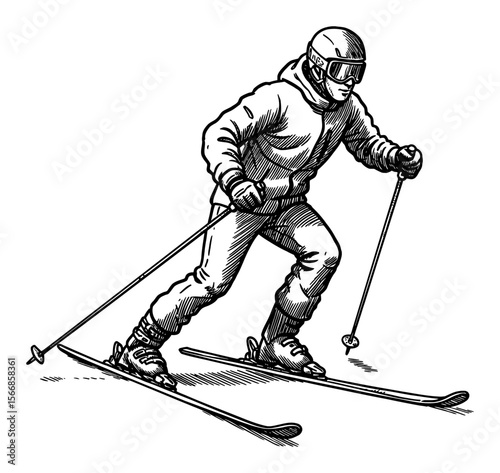Man Skiing Wearing Jacket Helmet Goggles with Poles Action Sport Black and White Outline Line Art Drawing