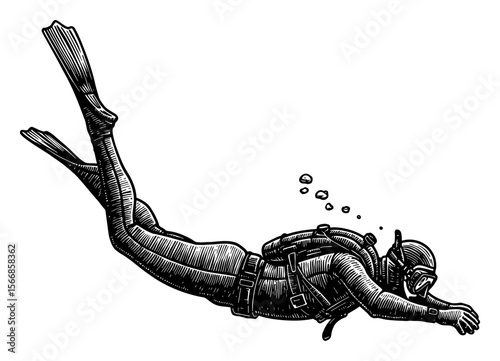 Man Freediving with Diving Suit Fins Mask and Snorkel Underwater Black and White Outline Line Art Drawing