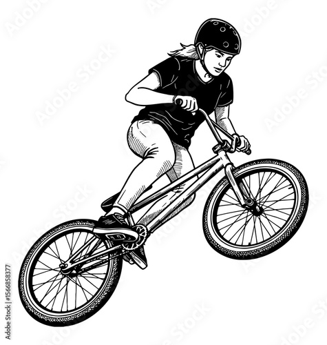 Woman Doing Trick with BMX Bicycle Wearing Black T Shirt and Helmet Black and White Outline Line Art Drawing