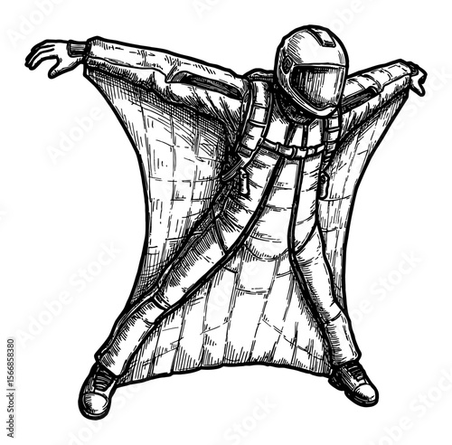 Man Wingsuit Flying Black and White Outline Line Art Drawing of an Extreme Skydiving Sport