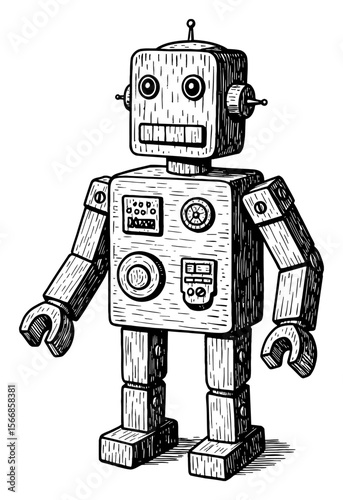 Wooden Robot Toy Vintage Style Black and White Outline Line Art Drawing Illustration