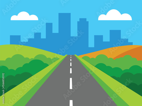 Vector straight empty road through the countryside on city background.eps