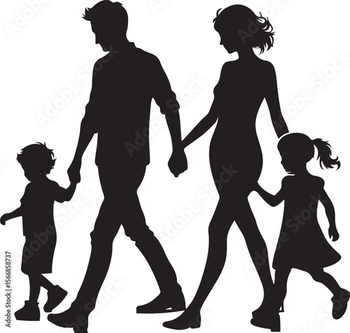 Silhouette of a happy family walking together holding hands outdoors