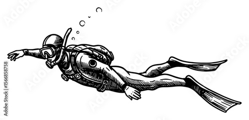 Man Freediving with Full Diving Suit and Snorkel Underwater Black and White Outline Line Art Drawing