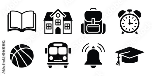 School silhouette icon set, education and learning symbols
