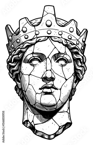 A Majestic Queen Head Sculpture Statue Very Broken Fractured Black and White Outline Line Art Drawing