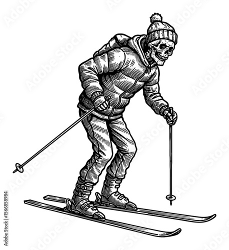 Creepy Skeleton Skiing with Puffy Jacket Beanie Hat and Poles in Black and White Outline Line Art Drawing