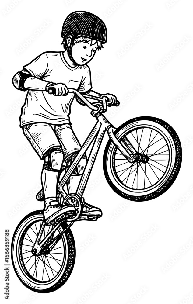 Naklejka premium Young Little Boy Performing Bicycle Trick on BMX Bike Wearing Helmet Black and White Outline Line Art Drawing
