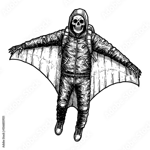 A skeleton wingsuit flying with jacket full body front view in hooded extreme sport Black and White Outline Line Art Drawing