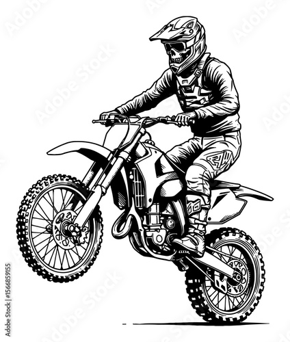 A Skeleton Motocross Rider Doing Dynamic Wheelie Trick Black and White Outline Line Art Drawing