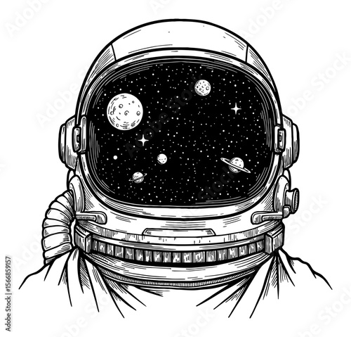Astronaut Helmet with Space Reflection and Celestial Bodies Black and White Outline Line Art Drawing