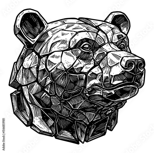 Geometric Fractured Bear Head Statue Made of Shiny Metal Black and White Outline Line Art Drawing