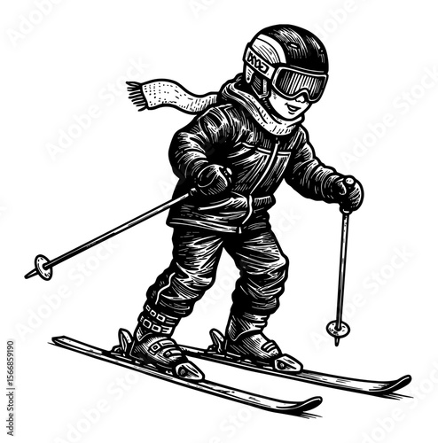Little Boy Skiing Winter Sport Adventure with Helmet Goggles and Scarf Black and White Outline Line Art Drawing