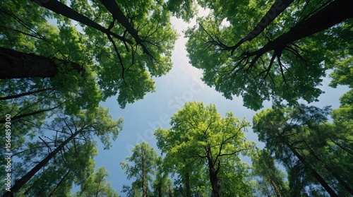 Trees in forest from below, green tops of trees, blue sky background