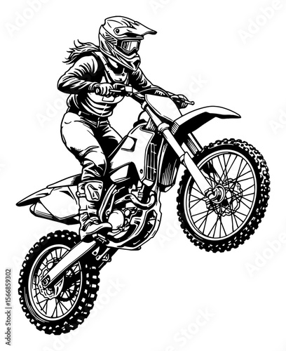 Woman Doing Trick with Motocross Dirt Bike Wheelie Jump Action Black and White Outline Line Art Drawing