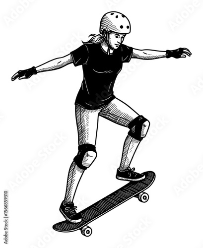 Woman doing trick with skateboard wearing black tshirt and helmet Black and White Outline Line Art Drawing