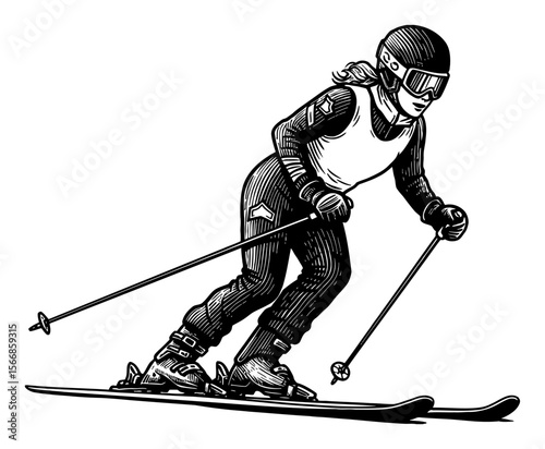 Woman Skiing Downhill Motion Sport Vintage Black and White Outline Line Art Drawing Winter Season