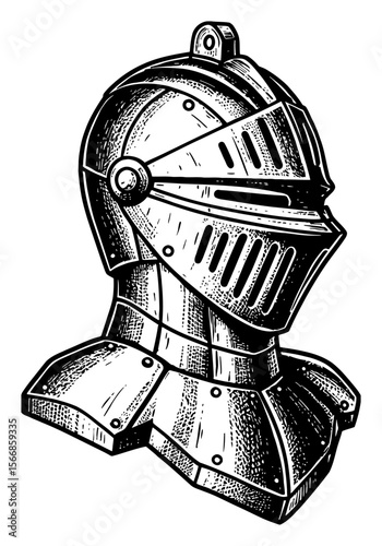 Powerful Knight Helmet Armor Head Statue Black and White Outline Line Art Drawing Illustration