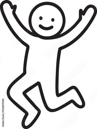 Simple Black and White Line Drawing of a Person Jumping with Joy and a Smiling Face
