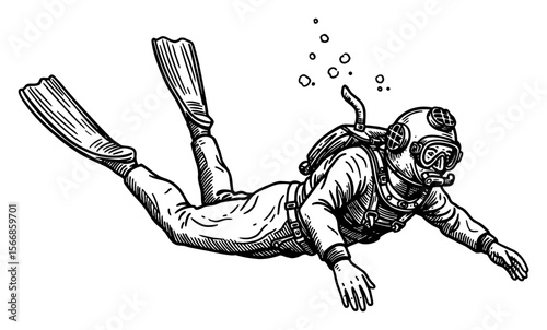 Man Freediving with Vintage Diving Suit and Flippers in Black and White Outline Line Art Drawing Underwater with Bubbles