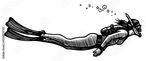Woman Freediving Scuba Diver Underwater with Mask Fins Tank Side View Black and White Outline Line Art Drawing