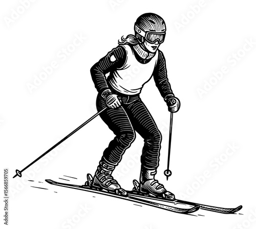 Woman Skiing Downhill Wearing Helmet Goggles Black and White Outline Line Art Drawing Illustration