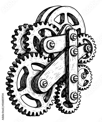 Intricate Wooden Mechanical Gears Black and White Outline Line Art Drawing Vintage Engraved Illustration