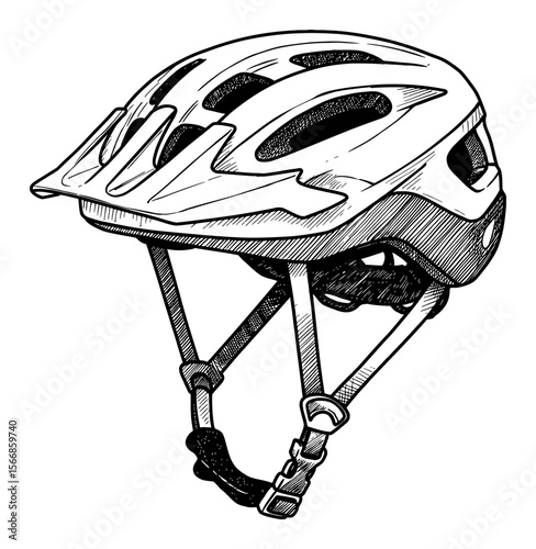 Modern Bike Helmet Black and White Outline Line Art Drawing Engraving Style Illustration Isolated Object