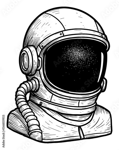 Vintage Astronaut Head Sculpture Statue Black and White Outline Line Art Drawing of Space Helmet with Stars
