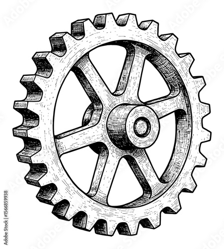 Single Wooden Gear Detailed Black and White Outline Line Art Drawing Industrial Element Isolated Vintage Style