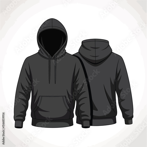 Two black hoodies front and back view isolated on white background