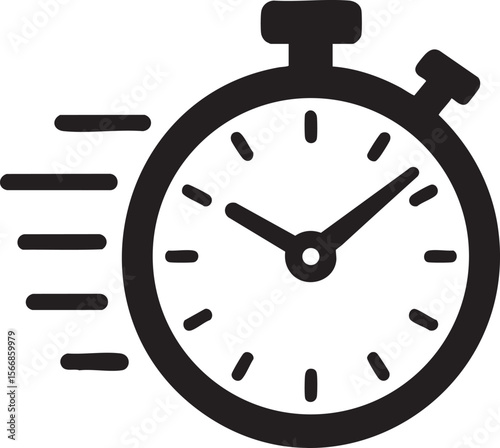Black and White Stopwatch Icon with Motion Lines Indicating Speed and Urgency Time Sensitive simple black