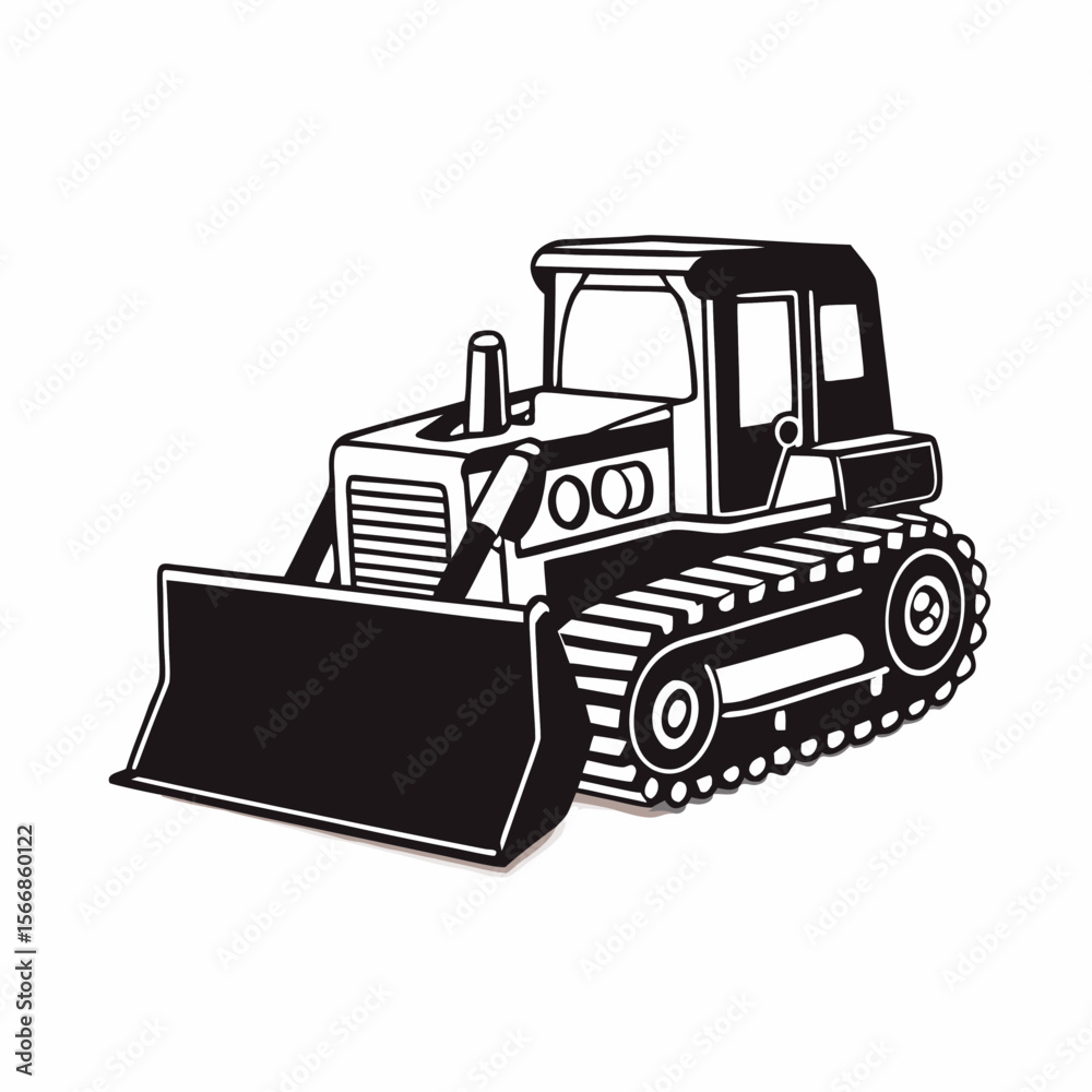 Naklejka premium Illustration of a black and white bulldozer with a large blade and caterpillar tracks on a white backdrop created with generated ai