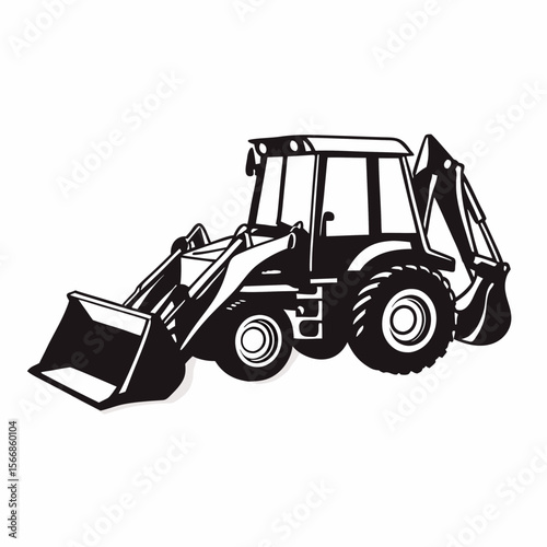 Illustration of a black and white backhoe loader featuring a front bucket and rear digging arm design created with generated ai