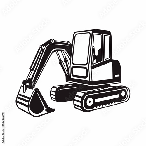 Illustration of a black and white excavator with a bucket and tracks on a white background created with generated ai
