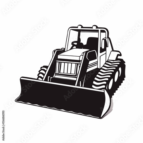 Illustration of a front end loader with large tires and a front mounted bucket in black and white created with generated ai