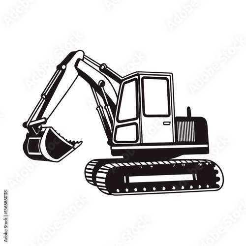Illustration of a black and white excavator with tracks and a bucket in a side view on white created with generated ai