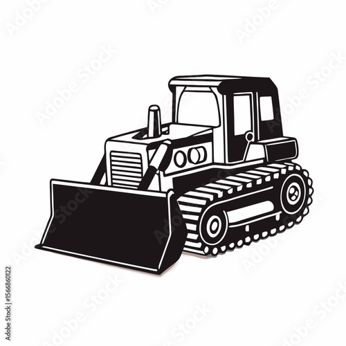 Illustration of a black and white bulldozer with a large blade and caterpillar tracks on a white backdrop created with generated ai