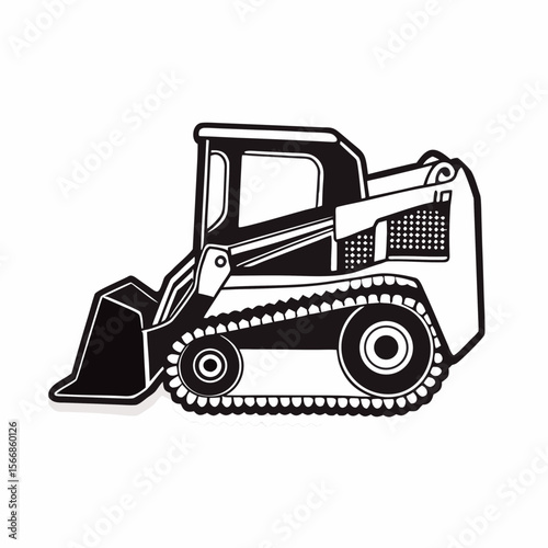 Illustration of a black and white skid steer loader with tracks and a front bucket design element created with generated ai